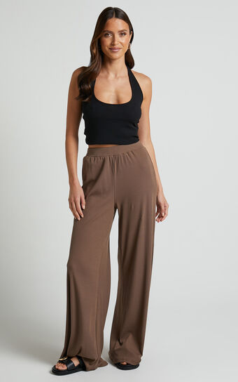 Amalthea Pants - High Waisted Jersey Rib Wide Leg Pants in Mocha