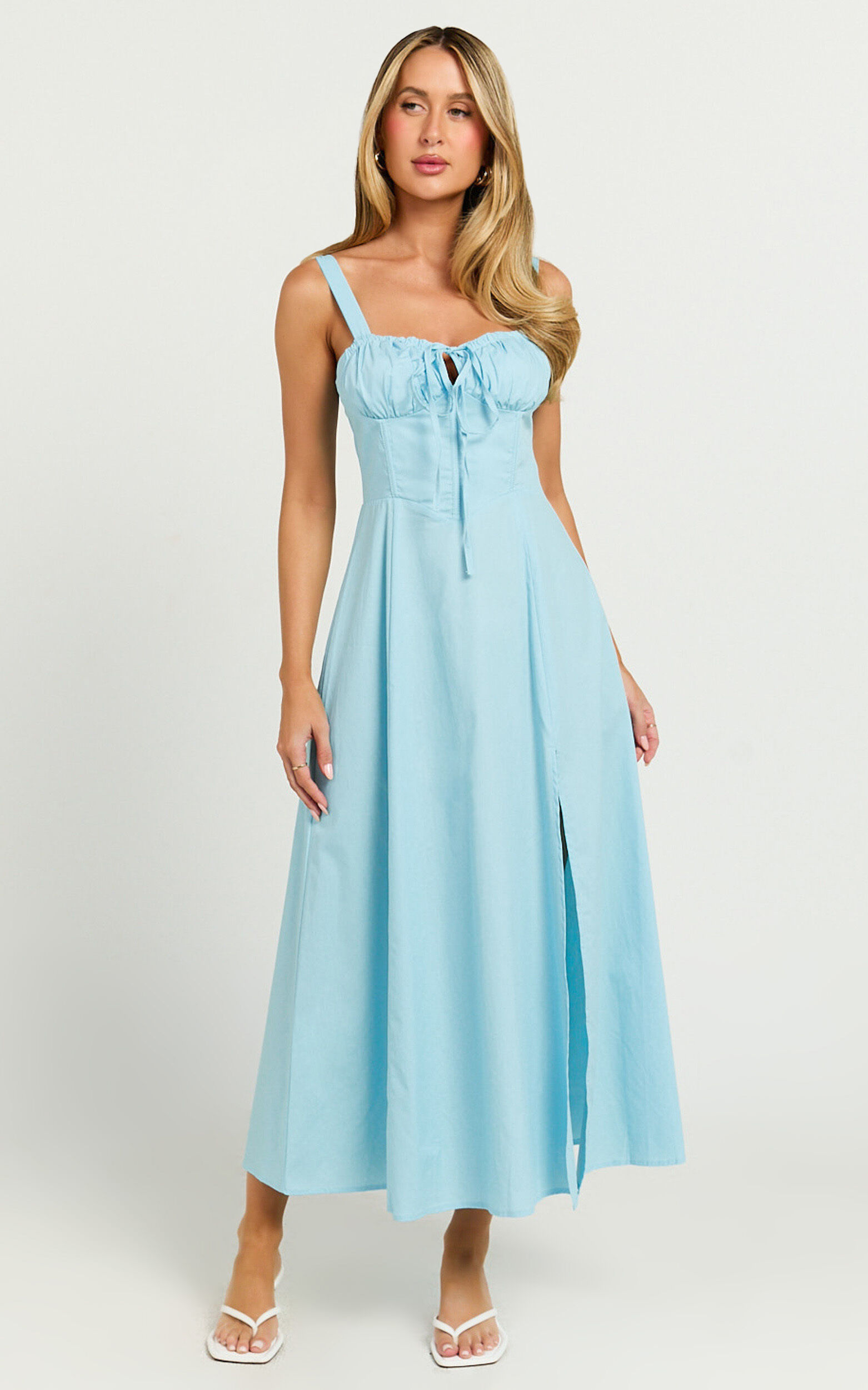 Maiya Midi Dress Tie Front Fitted Bodice Dress in Blue Showpo NZ