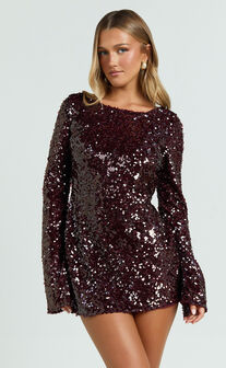 Bertina Mini Dress - Sequin Scoop Neck Low Back Dress in Wine