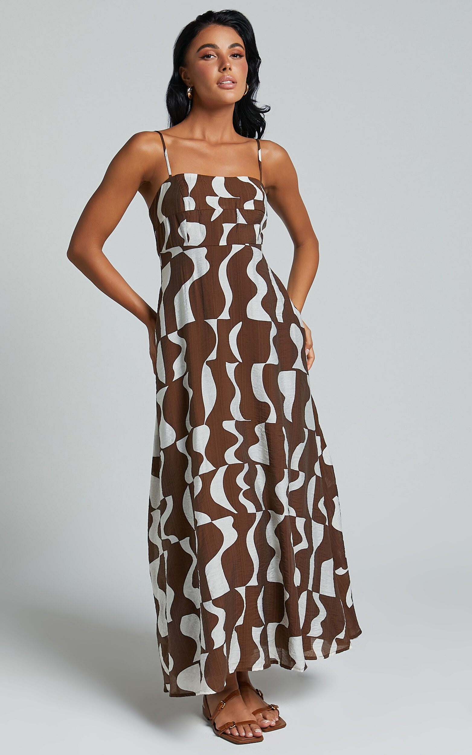 Elisabetta Midi Dress - Empire Waist A Line Dress in Chocolate Mono Wave - 06, BRN1