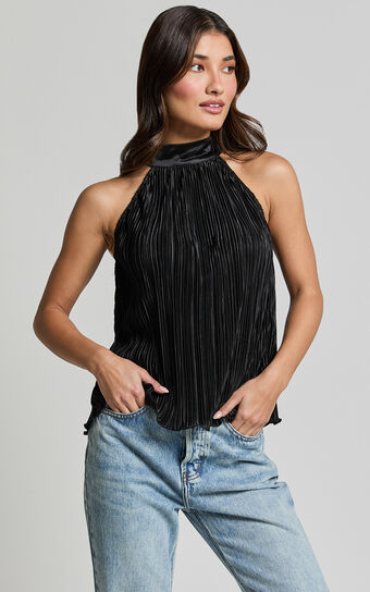 Shaylie Top - High Neck Halter Plisse Top in Black