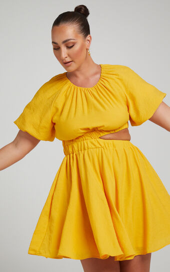 Hadley Mini Dress - Puff Sleeve Cut Out Dress in Yellow