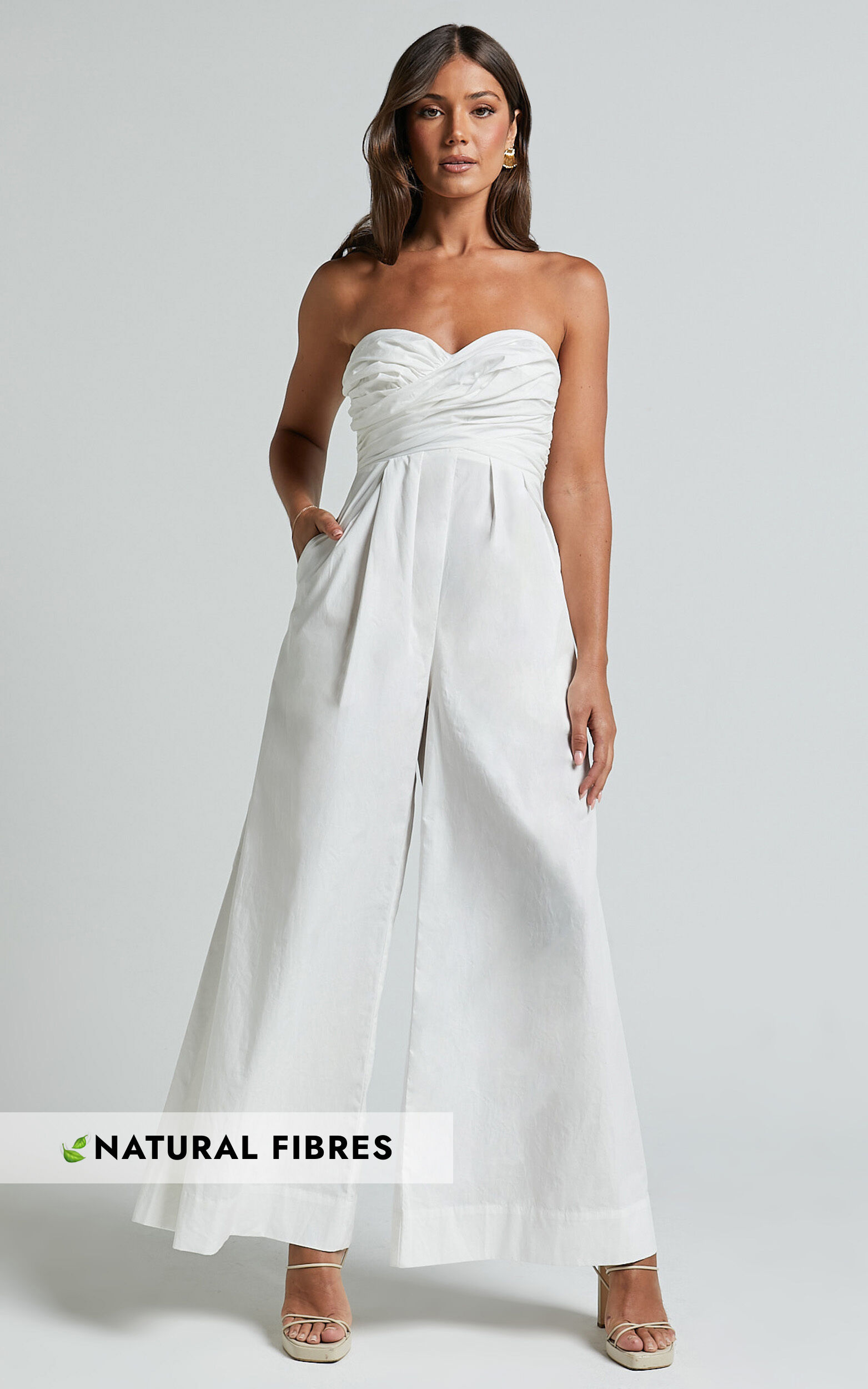 Velia Jumpsuit Strapless Ruched Bodice Wide Leg Jumpsuit in White Showpo