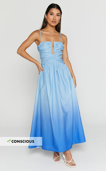 Gianna Midi Dress - Square Neck Cut Out Bust Fit and Flare Dress in Blue Ombre