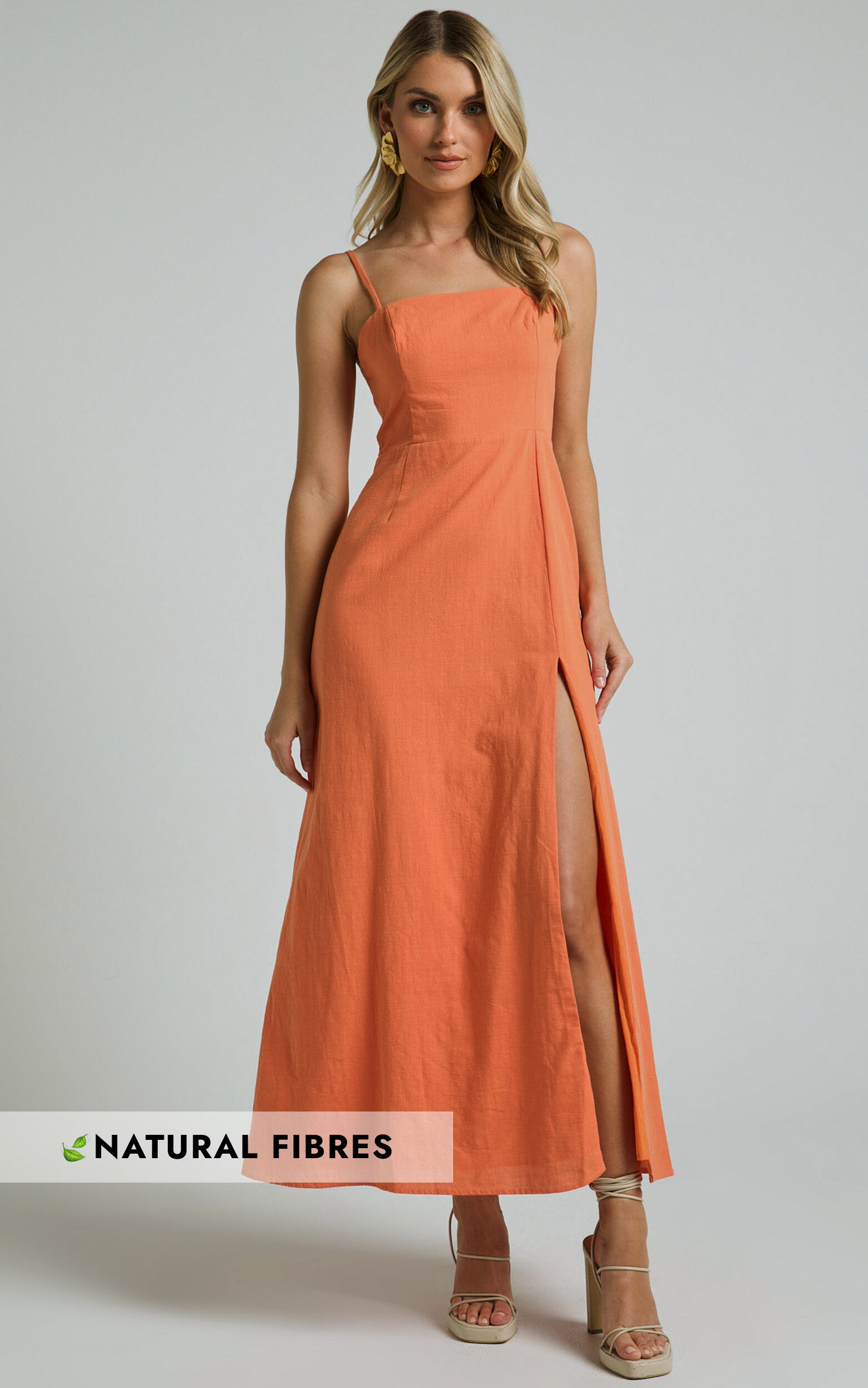 Marsha Midi Linen Blend Dress - High Split Slip Dress in Orange - 04, ORG1