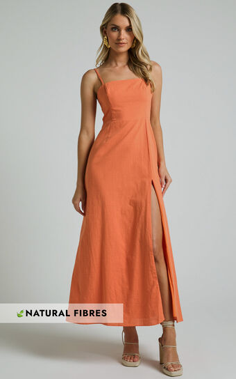 Marsha Midi Linen Blend Dress - High Split Slip Dress in Orange