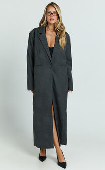 Camille Coat - Pinstripe Single Breasted Longline Coat in Charcoal