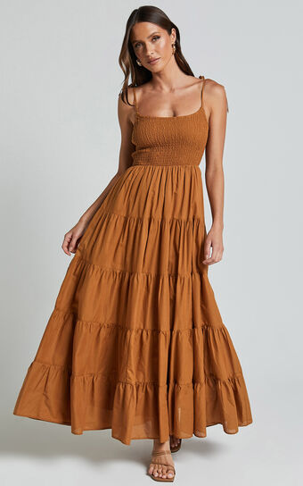 Angie Maxi Dress Tie Strap Ruched Tiered in Chocolate  Australia