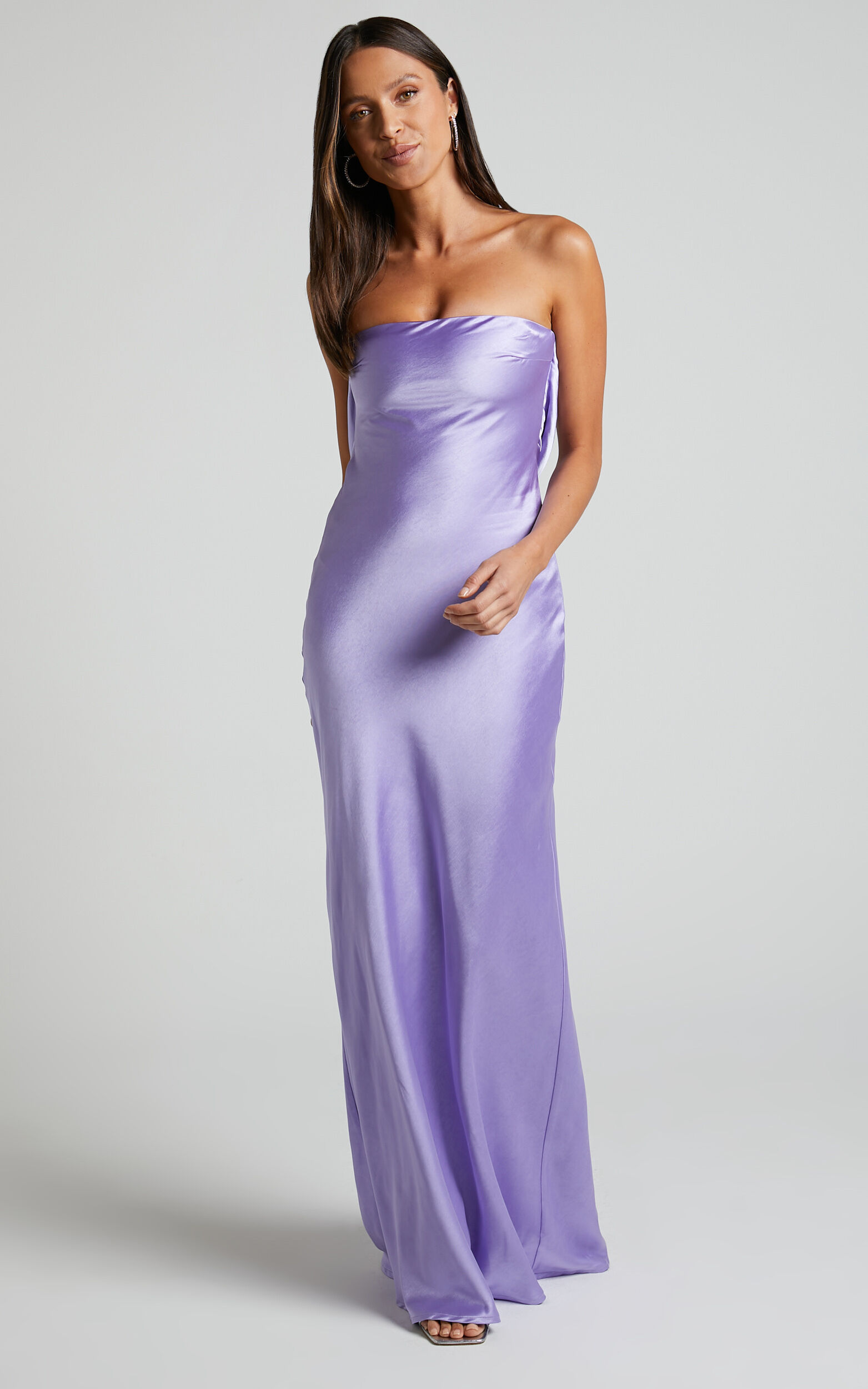 Charlita Maxi Dress - Strapless Cowl Back Satin Dress in Lilac