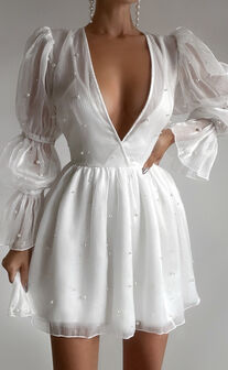 Solanna Mini Dress -  Long Puff Sleeve V Neck Dress in White