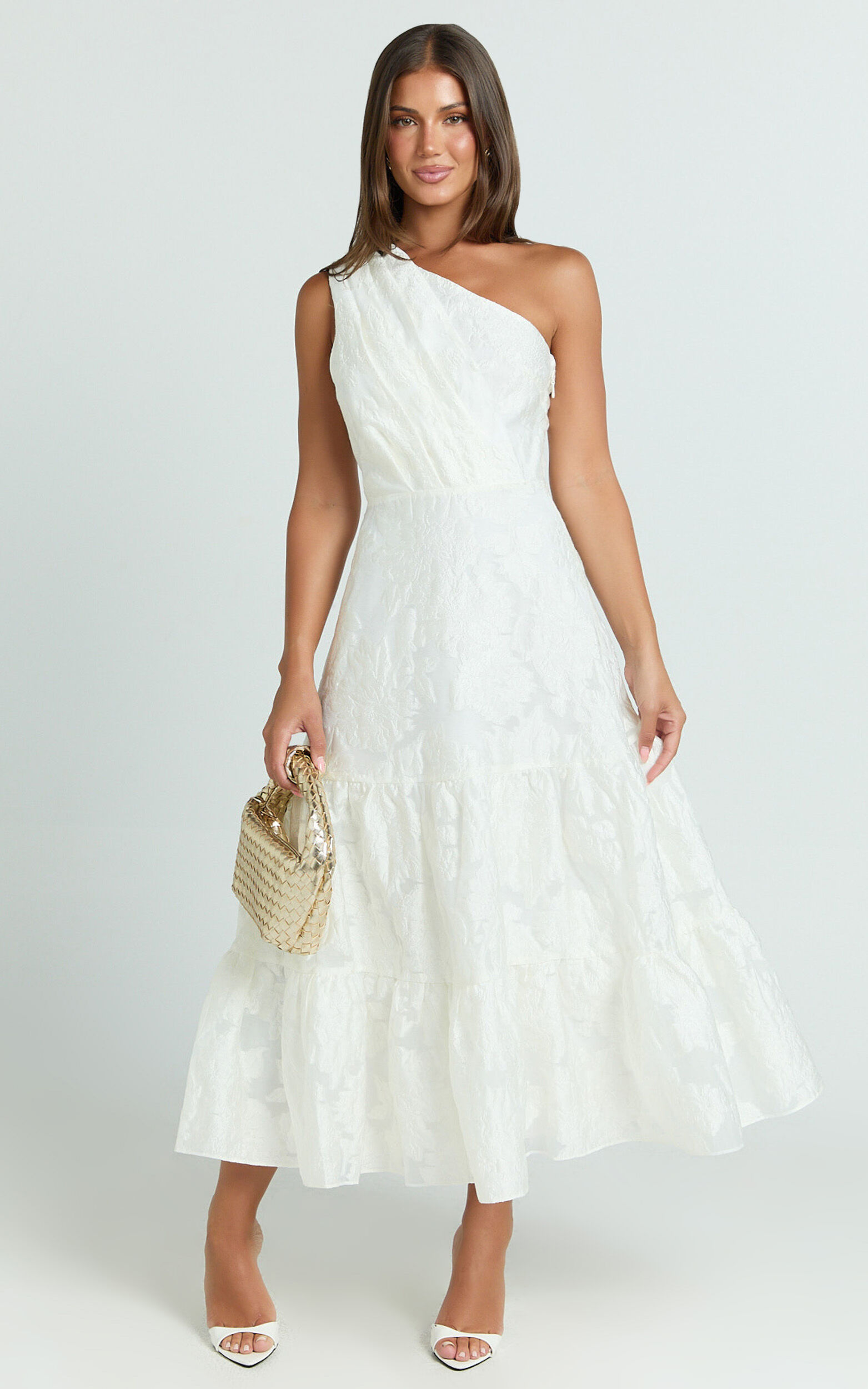 Nadette Midi Dress - One Shoulder Pleated Tiered Dress in White - 06, WHT1