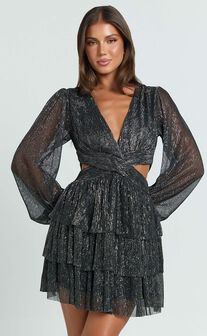 Elaine Mini Dress - Long Sleeve Tiered Plisse Dress in Gunmetal