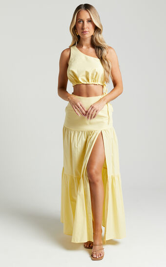 Meghan Two Piece Set - One Shoulder Crop Top and Midaxi Skirt Set in Butter