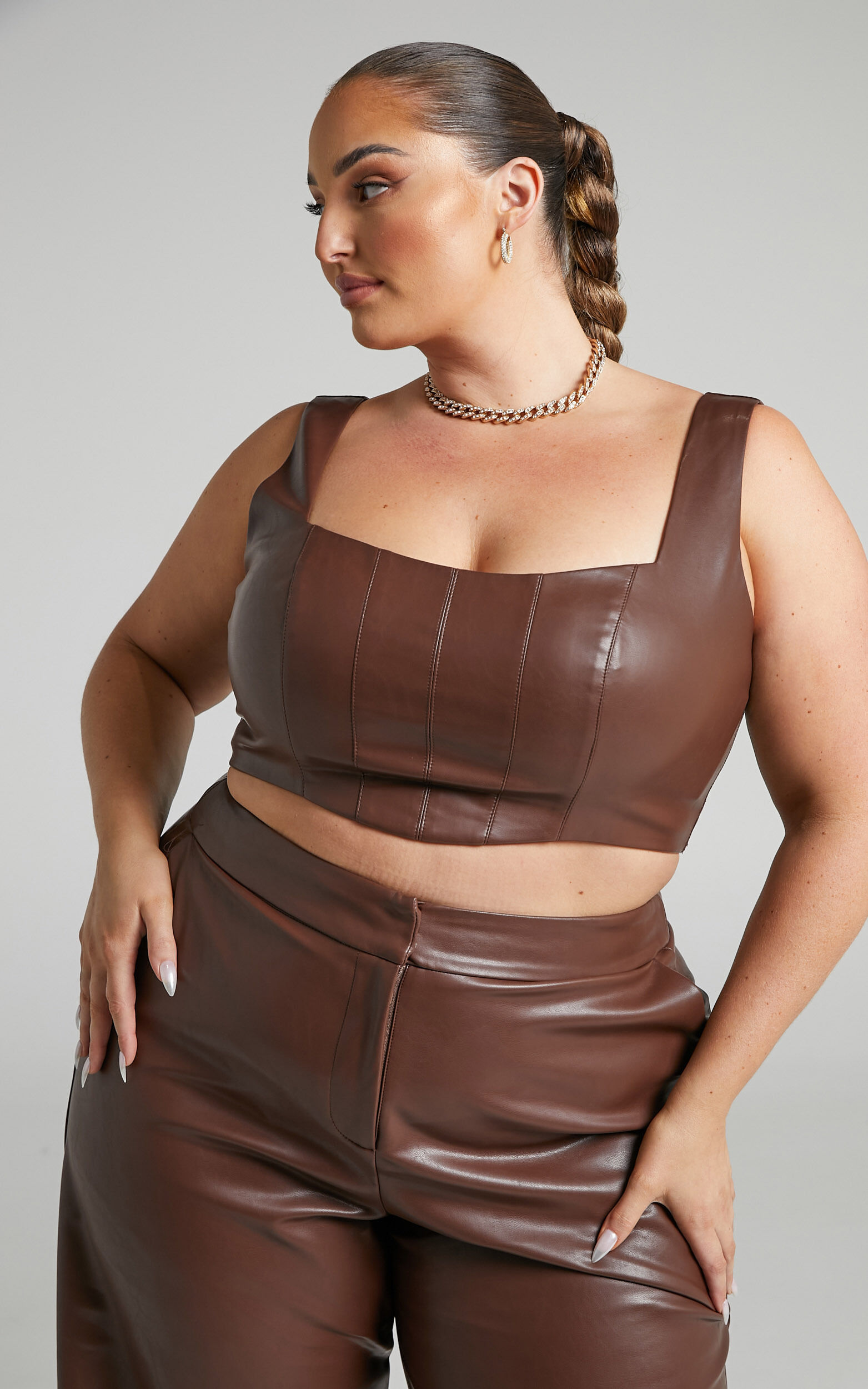 Minx Top - Faux Leather Corset Top in Chocolate