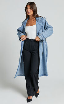 Vinnie Trench Coat - Denim Washed Trench Coat in Mid Blue