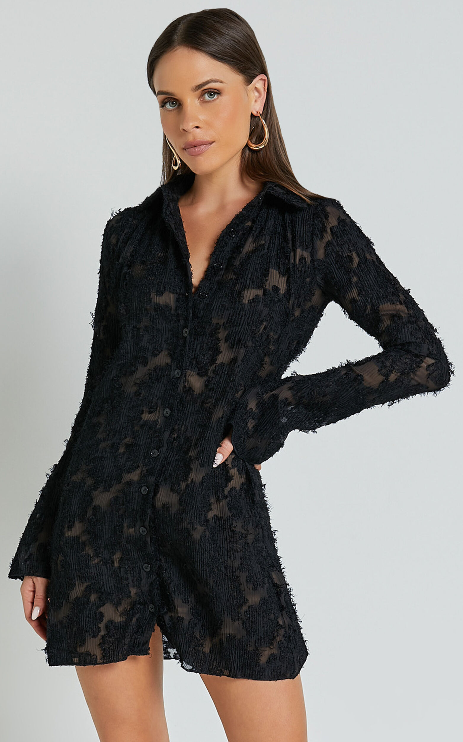 Ava Mini Dress - Long Sleeve Fitted Clipped Jacquard Dress in Black - 06, BLK1
