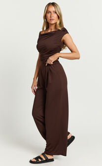 Leila Two Piece Set - Off Shoulder Top and High Waist Wide Leg Pants Set in Chocolate