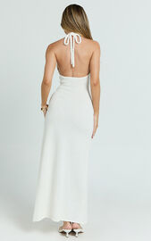 Nikola Midi Dress - Plunge Halter High Split Knit Dress in Cream | Showpo USA