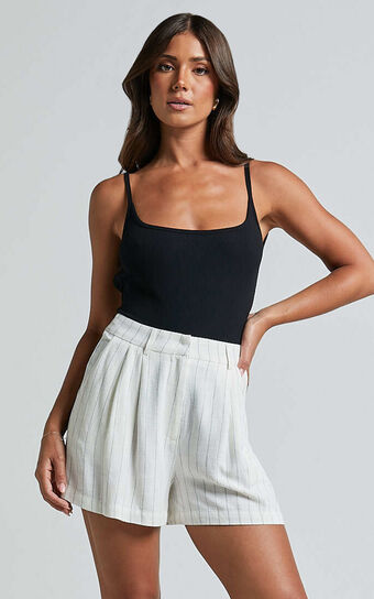 Manon Shorts - Linen Look Tailored Pinstripe Shorts in White
