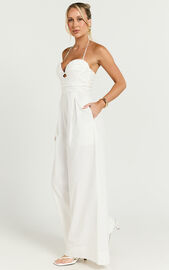 Norah Jumpsuit - Linen Look Halter Neck Wide Leg Jumpsuit in White | Showpo