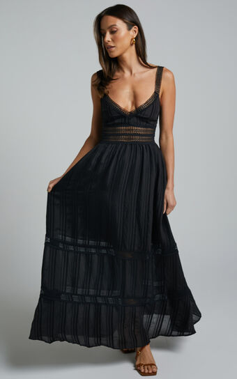 Angelique Maxi Dress - Lace Trim Dress in Black