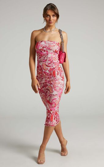 Brunetta Midi Dress - Strapless Mesh Dress in Love Child