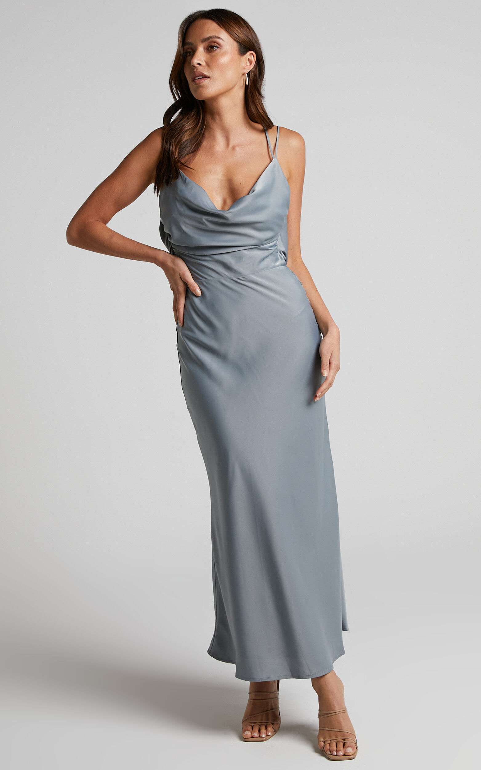 Soft Petal Midi Dress - Cowl Crossover Back Dress in Pewter - 04, GRY1