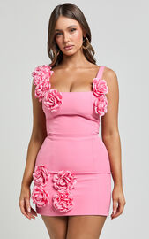 Emmy Mini Dress - Rosette Detail Fitted Dress in Bubblegum Pink | Showpo