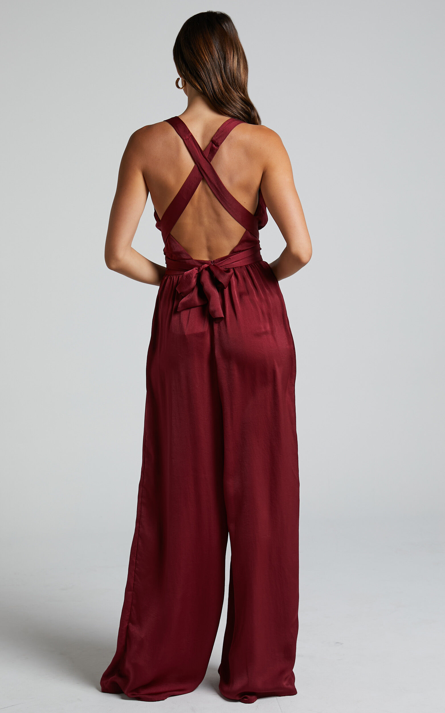 Zarina Jumpsuit Plunge Neck Twist Back Jumpsuit in Maroon