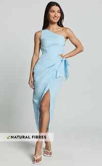 Rina Midi Dress - One Shoulder Side Cut Out Wrap Dress in Blue