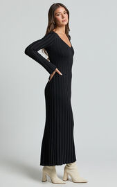 Astra Midi Dress - V Neck Long Sleeve Knit Dress in Black | Showpo USA