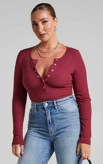 Tatem Bodysuit - Long Sleeve Button Front Bodysuit in Wine