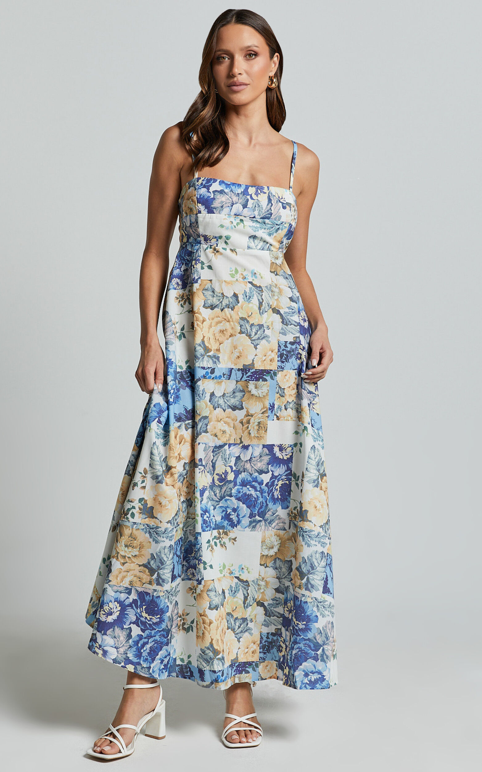 Olivia Midi Dress Straight Neck Strappy A Line Dress in Patchwork Floral Showpo USA