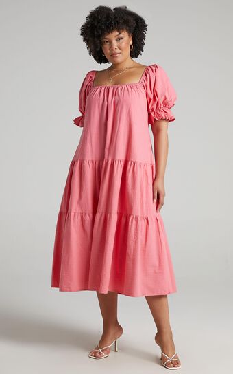 Zaharrah Midi Dress - Tiered Dress in Coral Linen Look