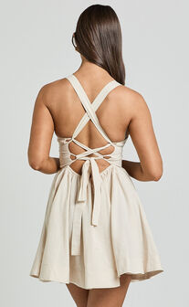 Cathryn Mini Dress - Cross Back Bustier Linen Blend Dress in Stone