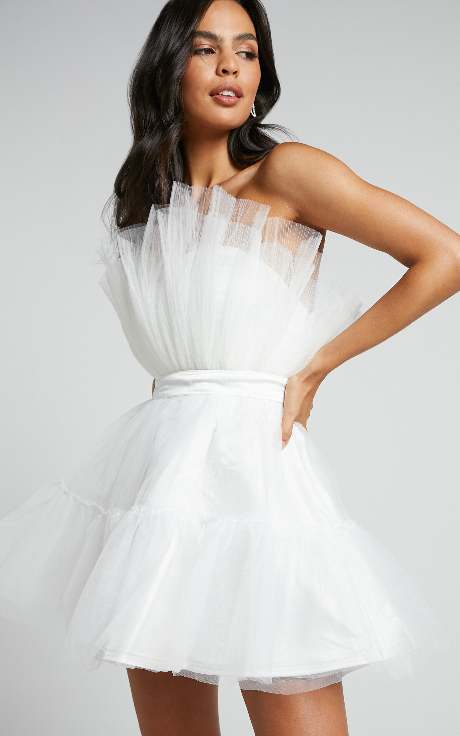 Amalya Mini Dress - Tiered Tulle Fit and Flare Dress in White - 04, WHT1
