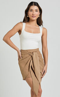 Kerzi Mini Skirt - Tie Front Wrap Skirt in Biscuit