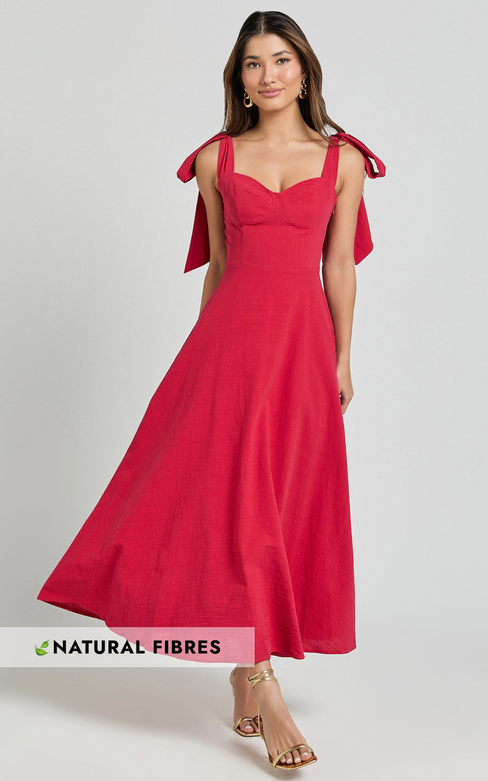 Tymia Midi Dress - Shoulder Tie Bustier Shirred Back A Line in Red - 06, RED1