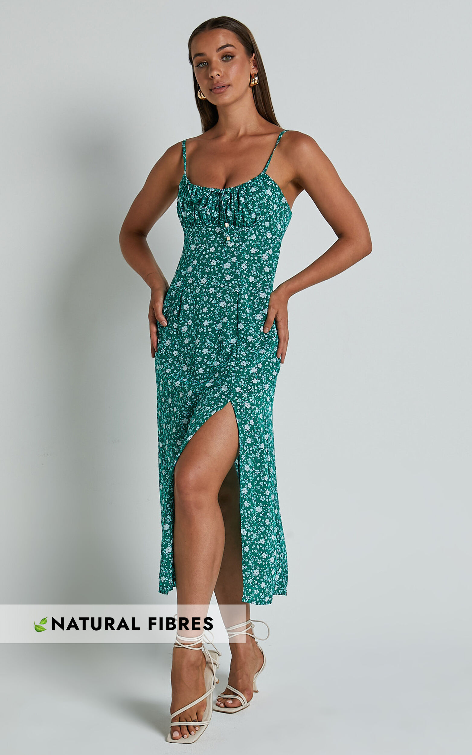 Willa Midi Dress - Ruched Bust Thigh Split Dress in Green Floral - 06, GRN3