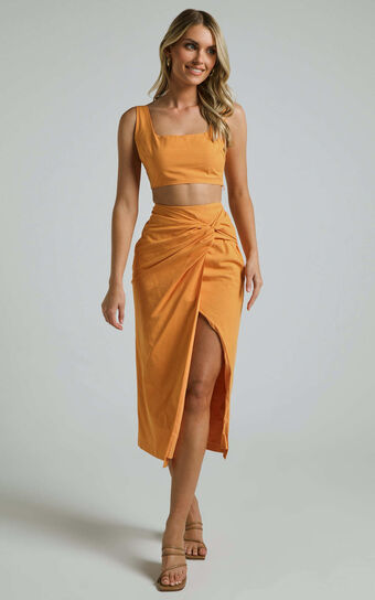 Gibson Two Piece Set - Linen Look Crop Top and Knot Front Midi Skirt Set in Orange