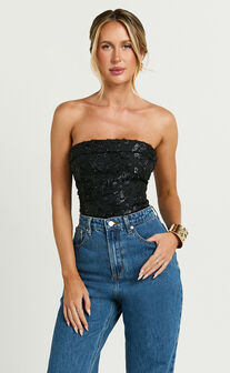 Chantelle Top - Strapless Jacquard Crop Top in Black