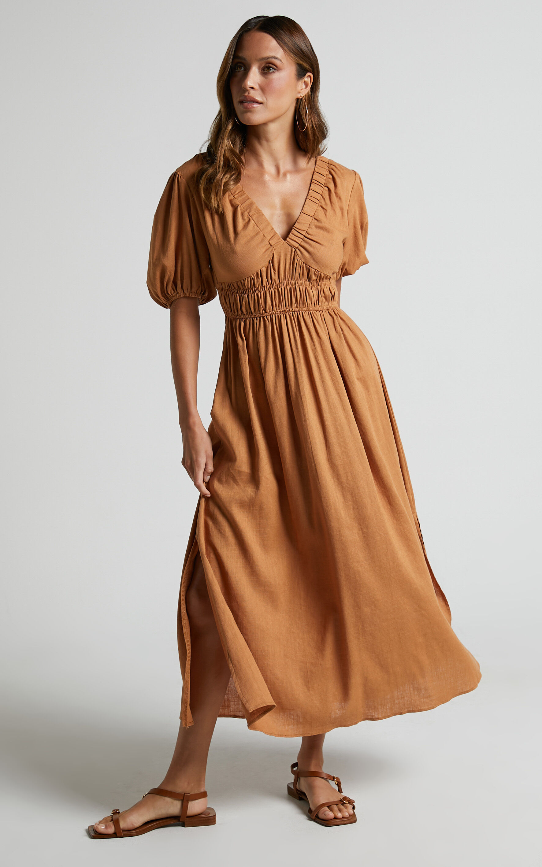 Lorella Midi Dress Puff Sleeve Plunge Neck Dress in Butterscotch
