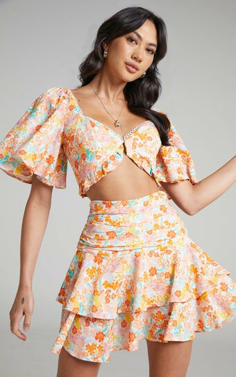 Glotalyn Two Piece Set - Linen Look Flutter Sleeve Crop Top And Skirt in Tequila Sunrise