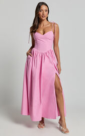 Holly Midi Dress - Corset Lace Up Dress with Split in Musk Pink | Showpo