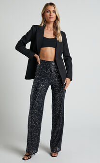 Izzie Pant - Sequin High Waisted Straight Leg Pant in Black