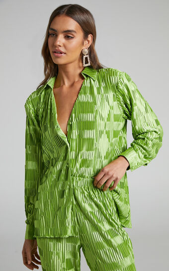 Greta Shirt  Geometric Plisse Button Up in Green Showpo Australia