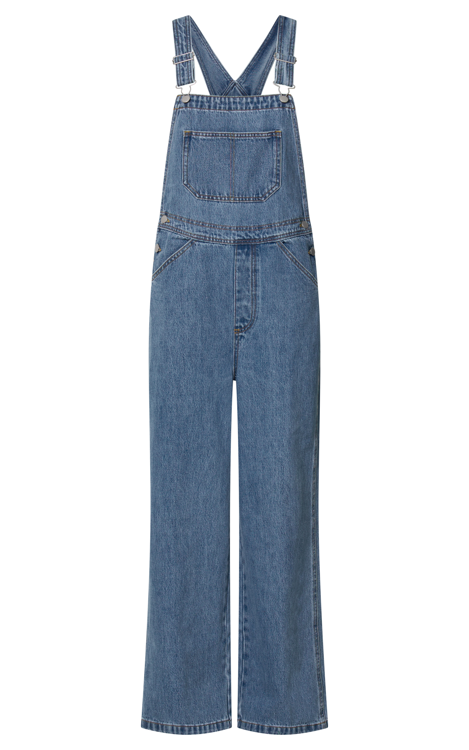 Brixton Jumpsuit Straight Leg Denim Overalls in Mid Blue Wash Showpo