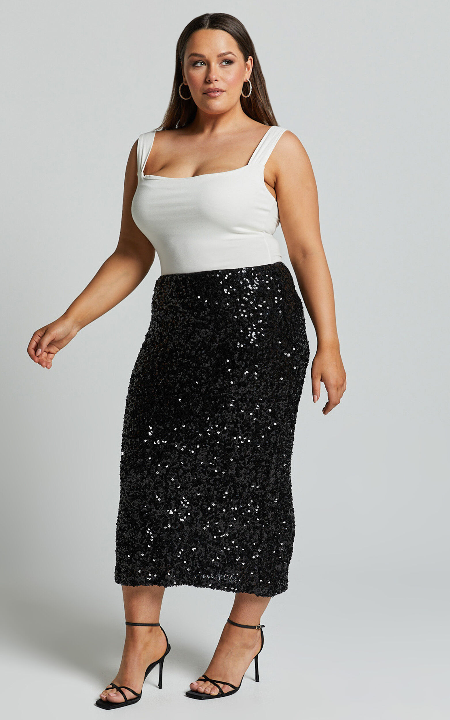 Hasley Midi Skirt Sequin Bodycon Skirt in Black Showpo