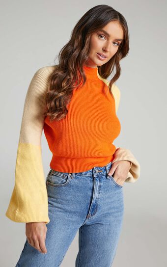 Kensley Jumper - Colour Block Turtleneck Balloon Sleeve Knit Jumper in Orange