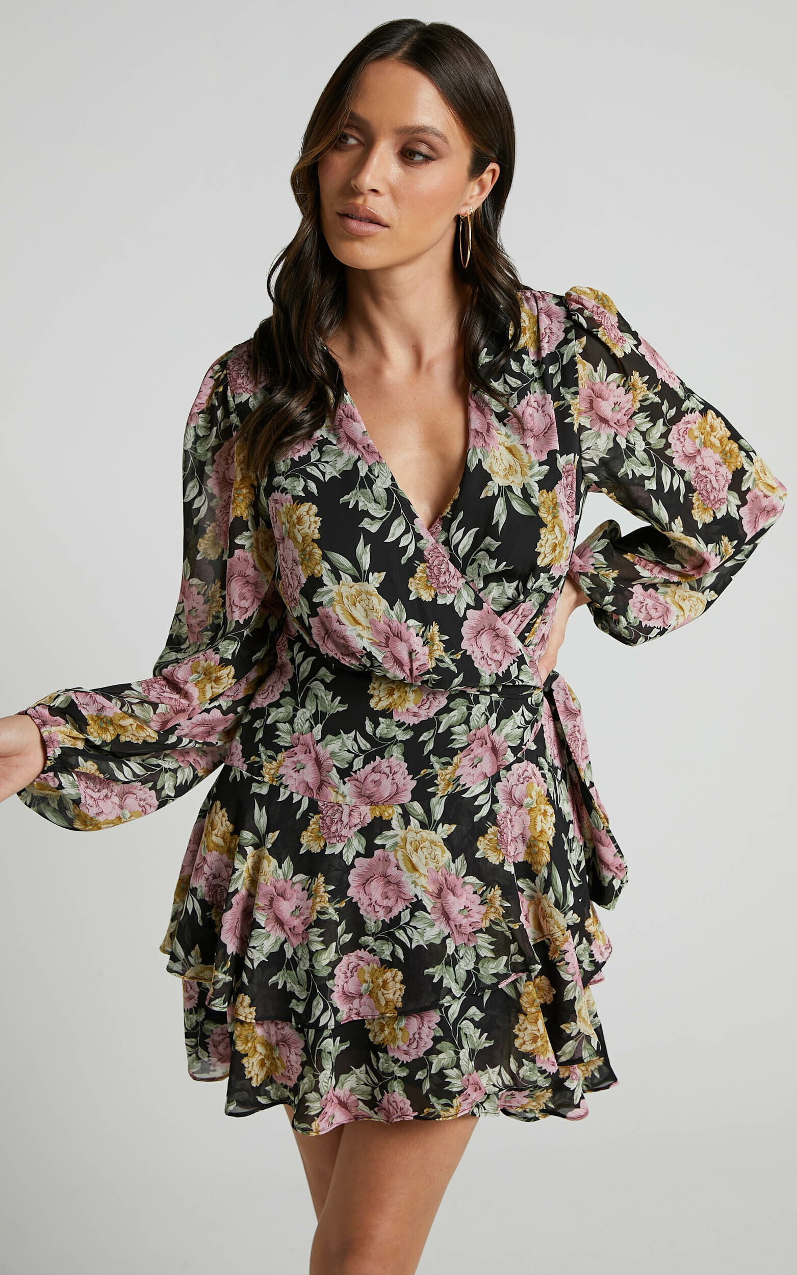Jaspha Mini Dress Sheer Detail Ruffle Skirt V Neck Dress in